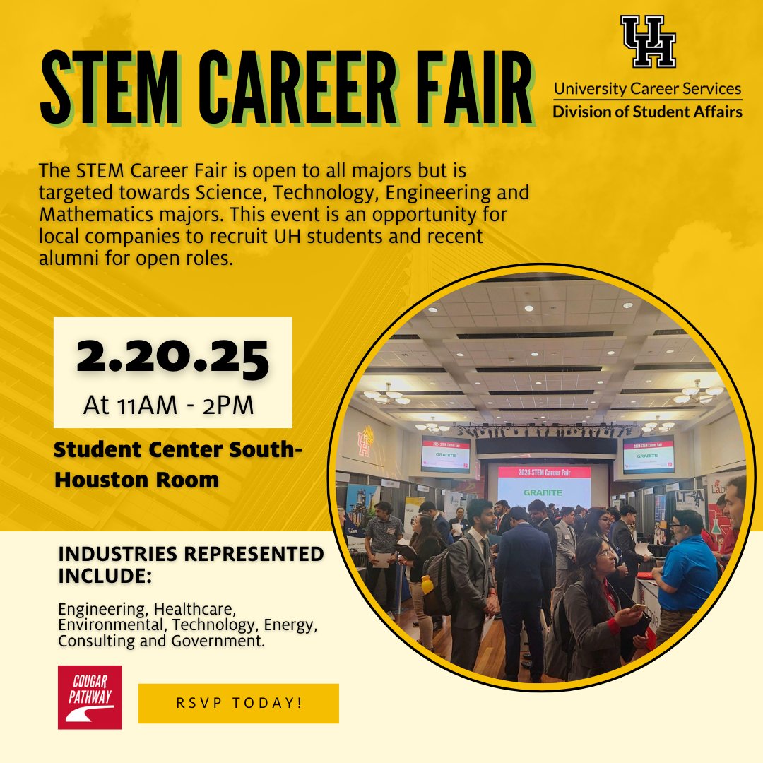📣 Reminder for employers! Don't miss out on the early bird rate for our upcoming STEM Career Fair on Thur., Feb. 20, 2025!📣
Connect with UH talent &amp; recent alumni! For more info about all UCS Spring 2025 Career Fairs, visit lnkd.in/gn-q_2kG and secure your spot today!