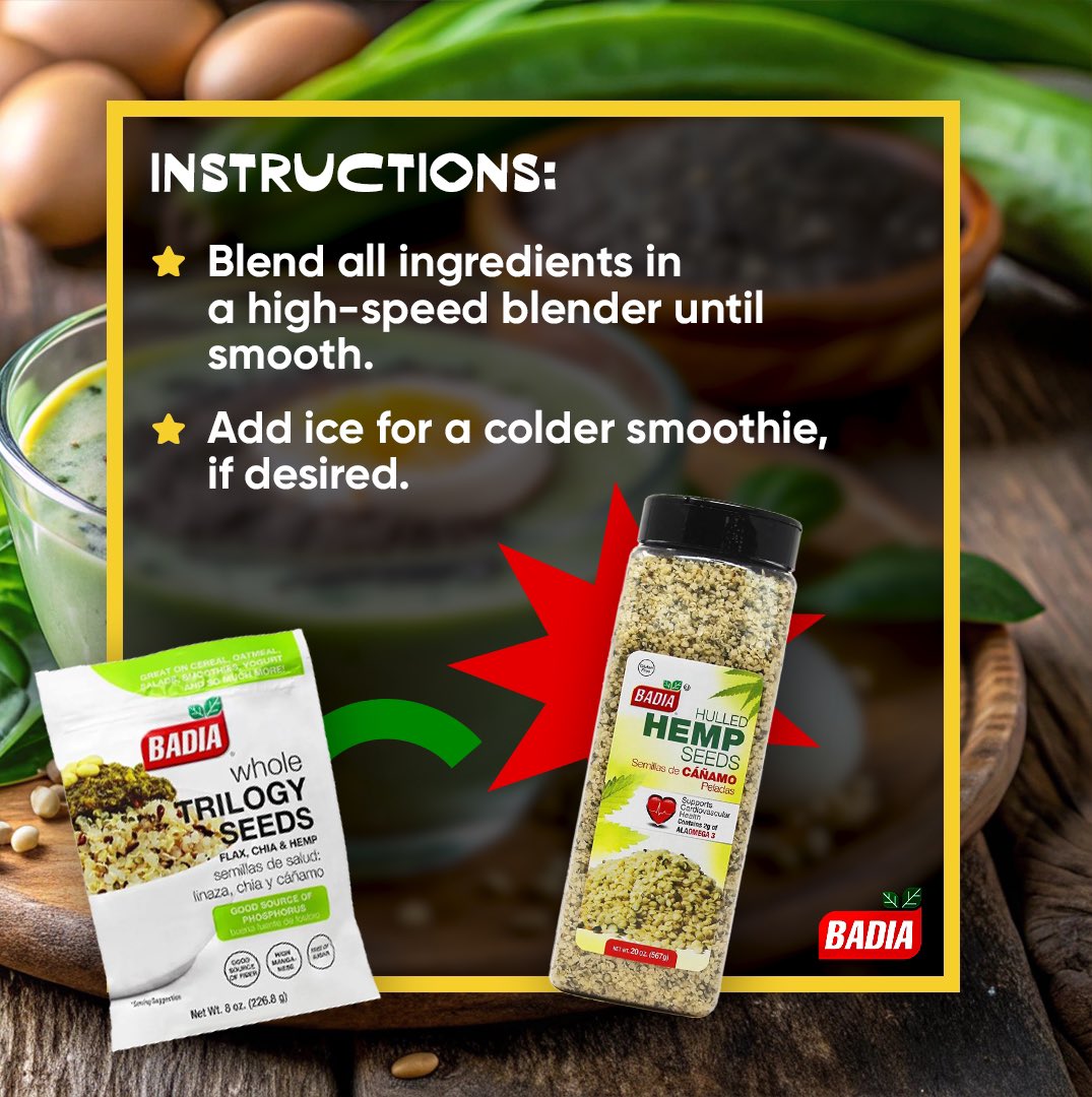 Packed with Badia’s Hulled #Hemp Seeds, Whole #ChiaSeeds and Whole Trilogy Seeds, this Super Seed #Smoothie is a #nutritional powerhouse that will fuel your body and help stick to your #wellness goals this year!

🛒 Shop Badia seeds: bodega.badiaspices.com/?s=seeds

#BadiaSpices