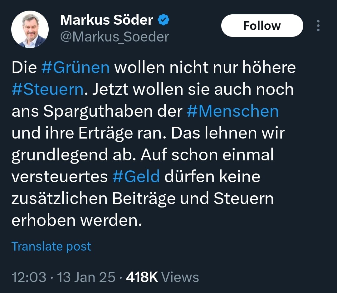 Die Behauptung von #Söder ist falsch. Die #Grünen wollen keine Sparguthaben besteuern. Es geht darum, #Sozialabgaben z. B. auf Zinsen einzuführen, damit #Arbeitseinkommen entlastet werden können.

Das würde das Sozialsytem aber ein Stück gerechter machen und das mag die CSU nicht