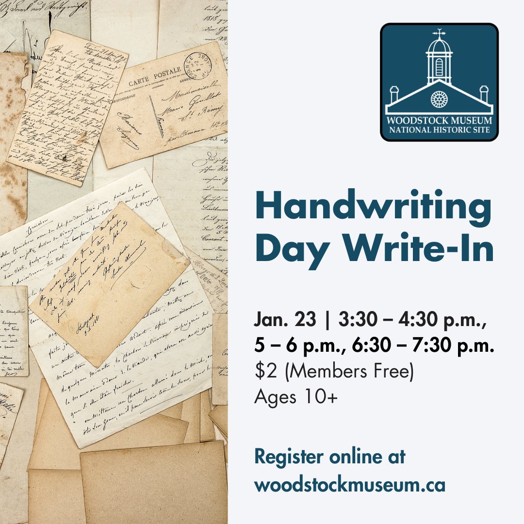 Did you know January 23 is National Handwriting Day? Join the Woodstock Museum for a special write-in to celebrate the art of modern and historical handwriting 🖋️ 

Time slots are available at 3:30 p.m., 5 p.m. and 6:30 p.m. Register online at bit.ly/428qtlP