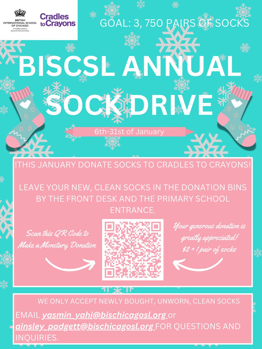 BISCSouthLoop's tweet image. This month, The social impact and drives team is running the Annual BISC-SL Winter Sock Drive to support the charitable organization, Cradles to Crayons.
Clean Socks can make a world of difference to those facing the brutal winter temperatures in Chicago.
#NAESocialImpact