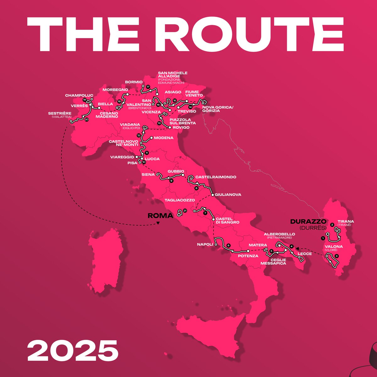🇮🇹🇦🇱 Italy will include Albania as part of its famous cycling race, Giro d’Italia 2025.

The official route has been announced. It will start in Durres, Albania and finish in Rome, Italy.