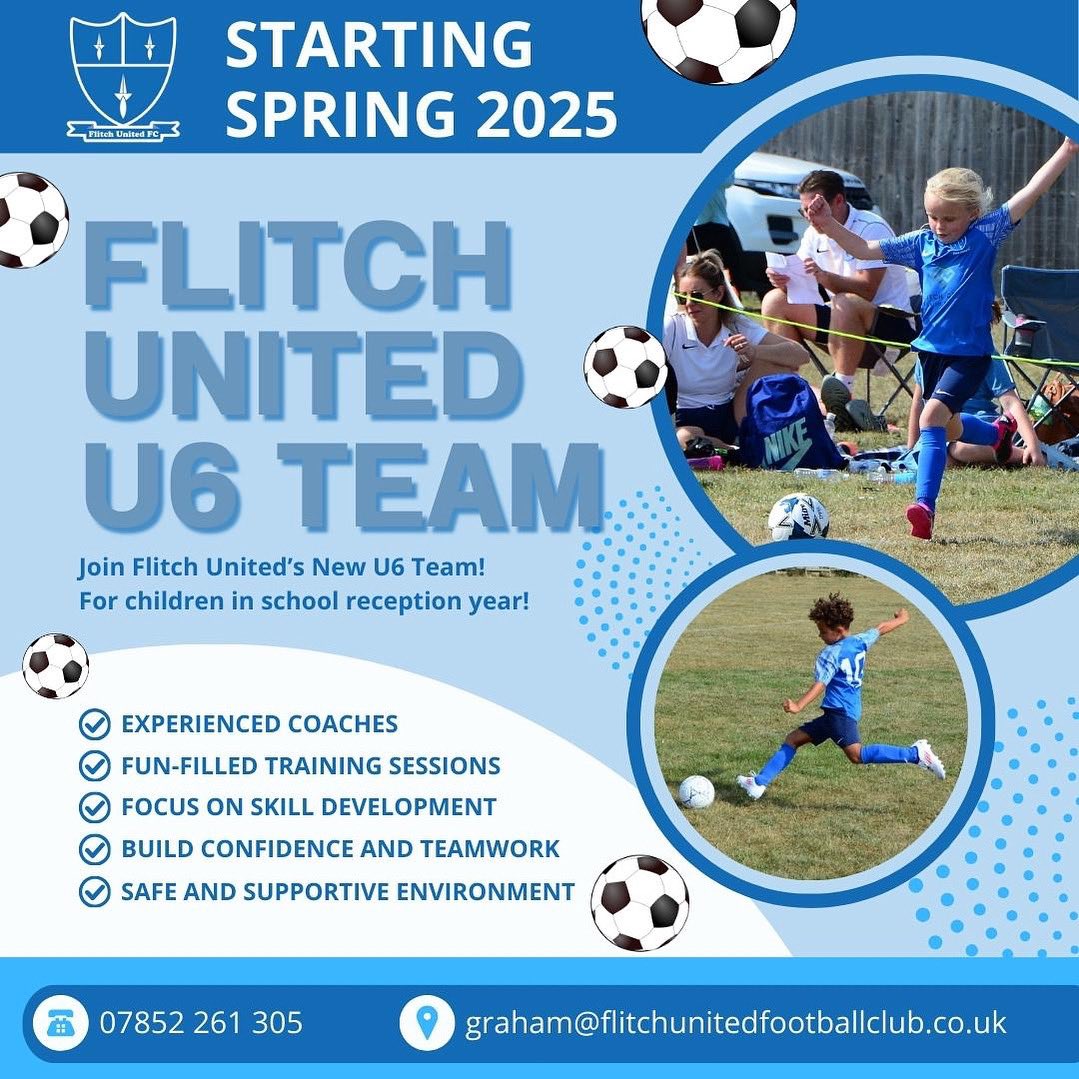 ⚽ Join Flitch United U6 Football! ⚽

For Reception School Year. Just 10 spaces!

✅ Fun,safe, &amp; supportive sessions
✅ Great local facilities &amp; family-friendly club
✅ Build confidence,skills &amp; friendships

Get in touch for more info

💙Be part of the Flitch United family!💙