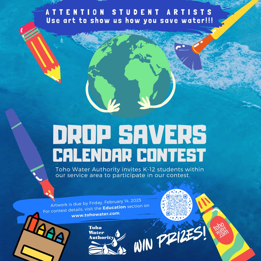 Calling all student artists! Enter the 2025 Drop Savers Water Conservation Calendar Contest and help spread the word about the importance of saving water. 

Submit your artwork by February 14, 2025 🎨

For more information, visit ow.ly/B5QC50UFKfN