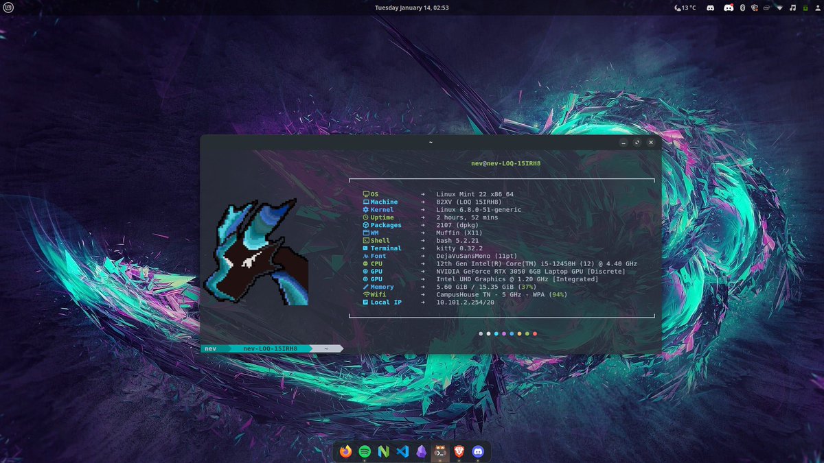 rachitcodes's tweet photo. Linux Mint Rice 2 
Switched to Kitty Terminal

Terminal - Kitty
Terminal Theme - Doom One
DE Theme - Everforest-GTK
Dock - Plank
Font - Jetbrains Mono Nerd Font Bold

Thanks to @NamanSaini1919 for making that Majestic Dragon. Beauty

#linux  #linuxmint #linuxrice https://t.co/8aeQ8j83rc