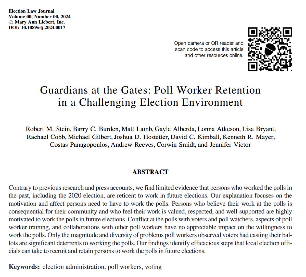 Elections Research Center (@electionscenter) on Twitter photo A new paper by <a href="/bcburden/">Barry Burden</a>, Kenneth Mayer, and coauthors explores poll worker retention, finding most poll workers choose to serve again and the biggest deterrent to return is observing voters having difficulty at the polls. Read more ⬇️
🔗liebertpub.com/doi/full/10.10… A new paper by <a href="/bcburden/">Barry Burden</a>, Kenneth Mayer, and coauthors explores poll worker retention, finding most poll workers choose to serve again and the biggest deterrent to return is observing voters having difficulty at the polls. Read more ⬇️
🔗liebertpub.com/doi/full/10.10…