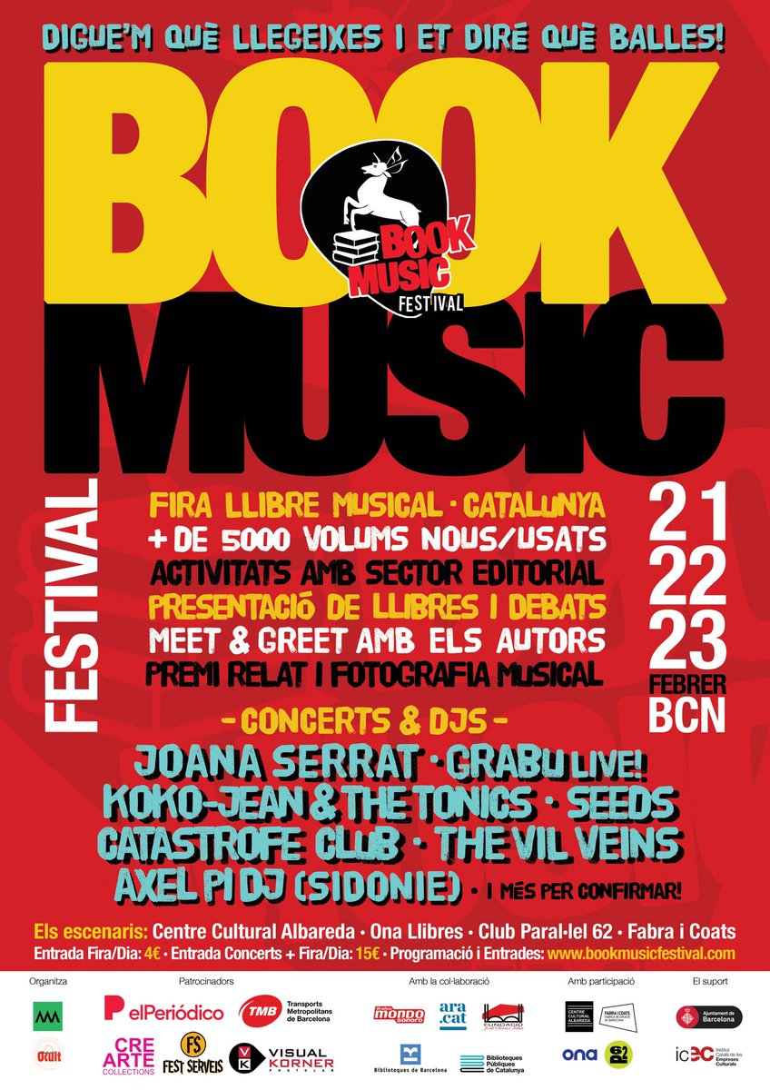 📚🎶✊BOOK MUSIC FESTIVAL Entrades per la Fira i els Concerts 👇
entradas.codetickets.com/entradas/book-…
Artistes: <a href="/JoanaSerrat/">Joana Serrat</a> <a href="/arnaugrabu/">Arnau Grabolosa</a> <a href="/KokoJeanTonics/">Koko-Jean & The Tonics</a> <a href="/catastrofeclub/">C A T A S T R O F E     C L U B</a> 
 <a href="/axelpicavallero/">Axel Pi</a> Dj Set (Sidonie) #TheVilVeins #Seeds + a confirmar! <a href="/OnaLlibres/">Ona Llibres</a> <a href="/parallel62bcn/">Paral·lel 62</a> <a href="/FabraiCoats/">Fabra i Coats</a> <a href="/ccalbareda/">Centre Cultural Albareda</a>