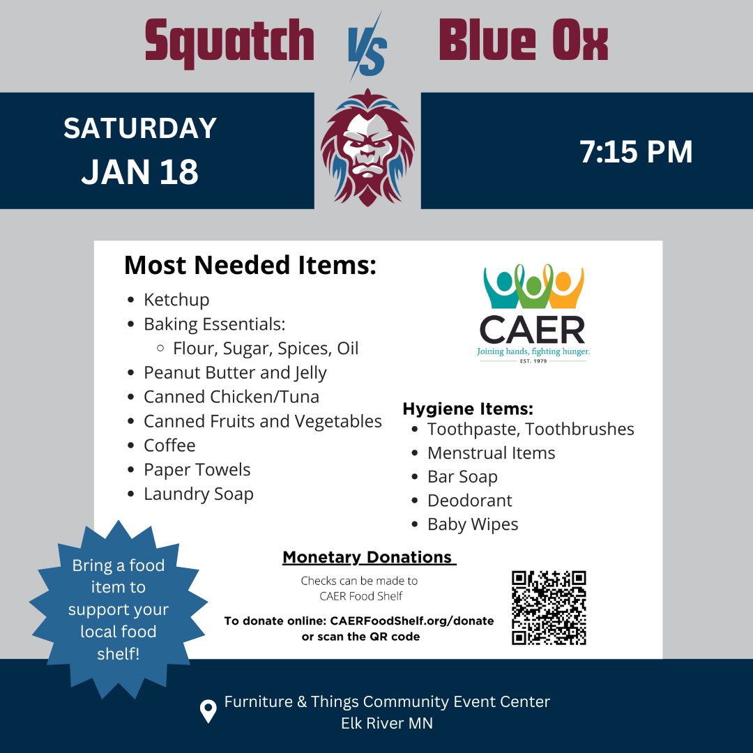 mnsquatchhockey's tweet photo. Don't miss out on the fun this weekend!  Good hockey and a chance to support some really great organizations!
Helping fight ALS:
https://t.co/BqmXZE24pd
Helping fight Hunger:
https://t.co/R5vtMUt7en
GO SQUATCH!!

#dogoodthings
#NeverSurrenderInc
#CAERFoodShelf
#USPHL https://t.co/39E67QWxXm