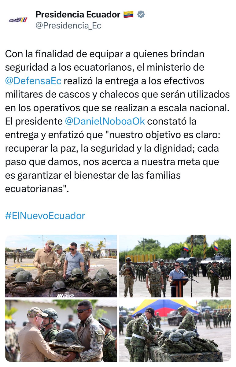 #ATENCIÓN | El presidente/candidato <a href="/DanielNoboaOk/">Daniel Noboa Azin</a> incurrió en una nueva infracción electoral grave al participar en un acto de entrega de cascos y chalecos balísticos para las FF.AA.

El artículo 278 numeral 9 del Código de la Democracia lo prohibe.

Que desfachatez.