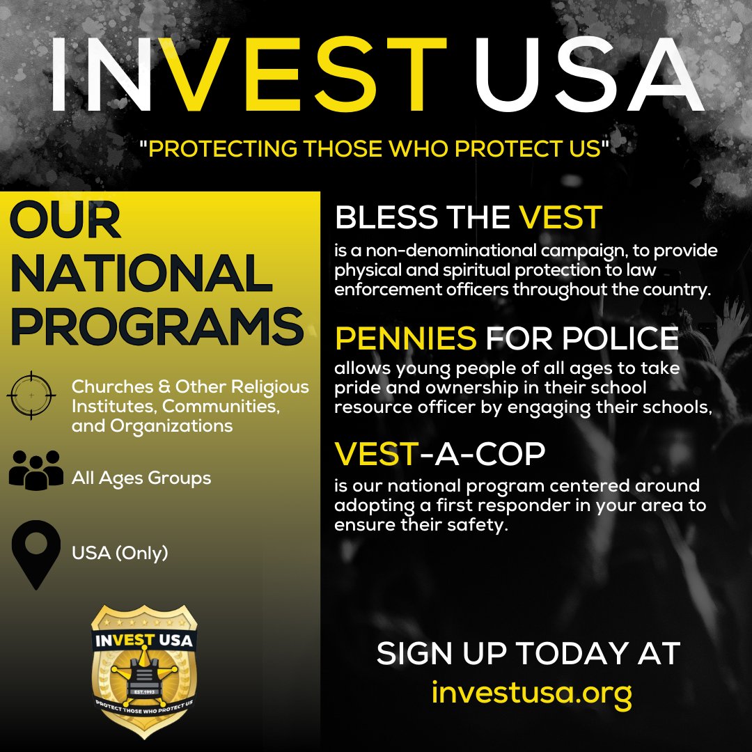 InvestUSAorg's tweet image. We want YOU to become involved with InVest USA! 🫵

We have3️⃣ National Programs that you can participate in.

All proceeds go to provide bulletproof vests to your local first responders!

To sign up, visit the Link in Bio TODAY!

#NationalPrograms #Nonprofit #Fundraisers…