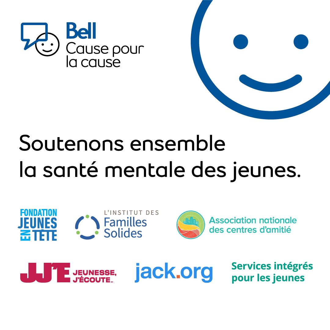 Bell Cause (@bell_cause) on Twitter photo Nous tenons à souligner le travail exceptionnel des 6 organismes partenaires de Bell Cause pour la cause 2025. Merci de soutenir la santé mentale des jeunes chaque jour. Vous faites partie de la solution.
<a href="/jeunessejecoute/">jeunessejecoute</a> <a href="/jackdotorg/">Jack.org</a> <a href="/NAFC_ANCA/">National Association of Friendship Centres</a> <a href="/JeunesEnTete/">FondationJeunesEnTête</a> <a href="/StrongestFam/">Strongest Families</a> Nous tenons à souligner le travail exceptionnel des 6 organismes partenaires de Bell Cause pour la cause 2025. Merci de soutenir la santé mentale des jeunes chaque jour. Vous faites partie de la solution.
<a href="/jeunessejecoute/">jeunessejecoute</a> <a href="/jackdotorg/">Jack.org</a> <a href="/NAFC_ANCA/">National Association of Friendship Centres</a> <a href="/JeunesEnTete/">FondationJeunesEnTête</a> <a href="/StrongestFam/">Strongest Families</a>