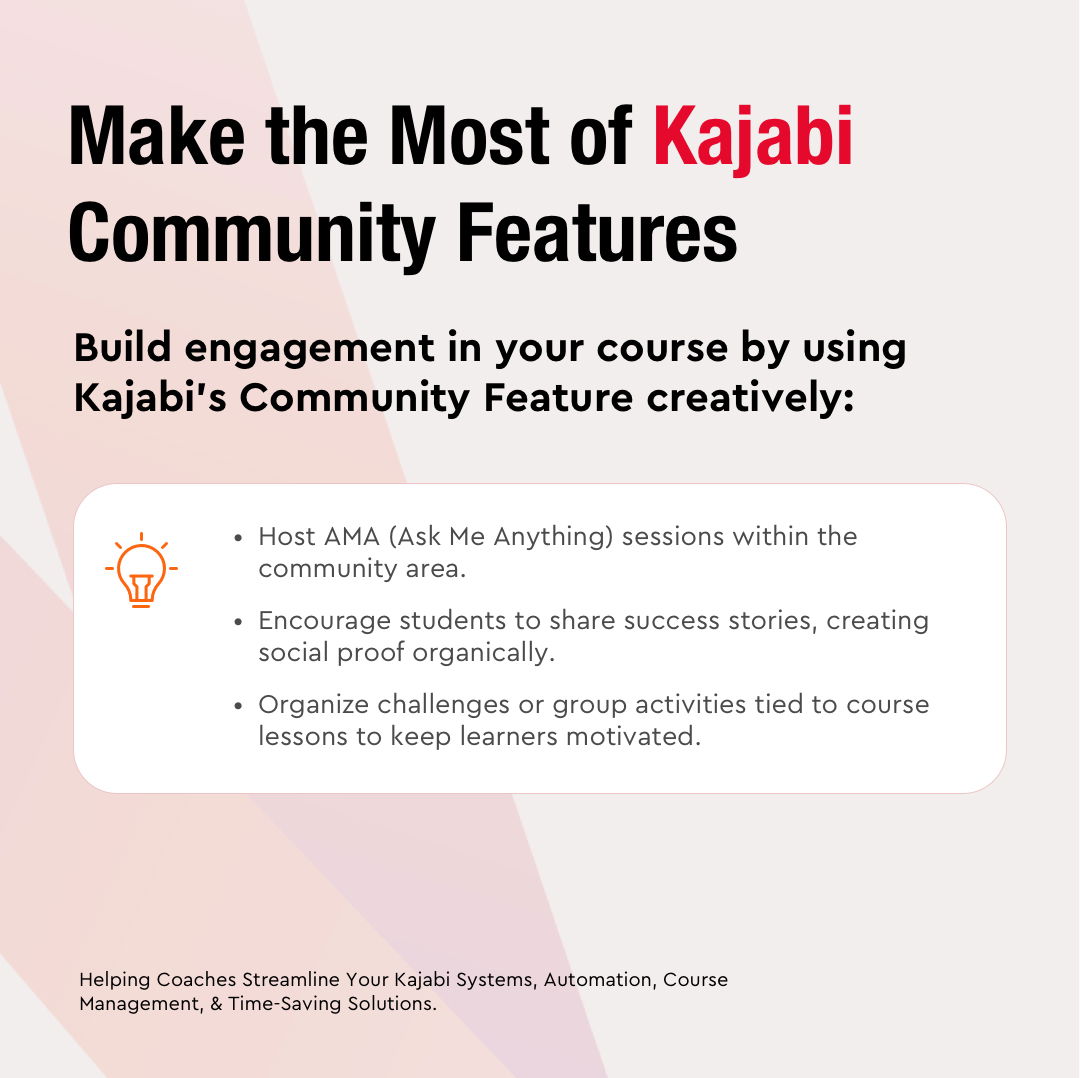 hermanr_va's tweet photo. Enhance course engagement with Kajabi’s Community Feature:  
💡 Host AMA sessions.  
💡 Encourage sharing of success stories.  
💡 Organize challenges linked to course lessons.  

#kajabi #communityfeature #engagement #amasessions #socialproof https://t.co/sFCDezj9V7