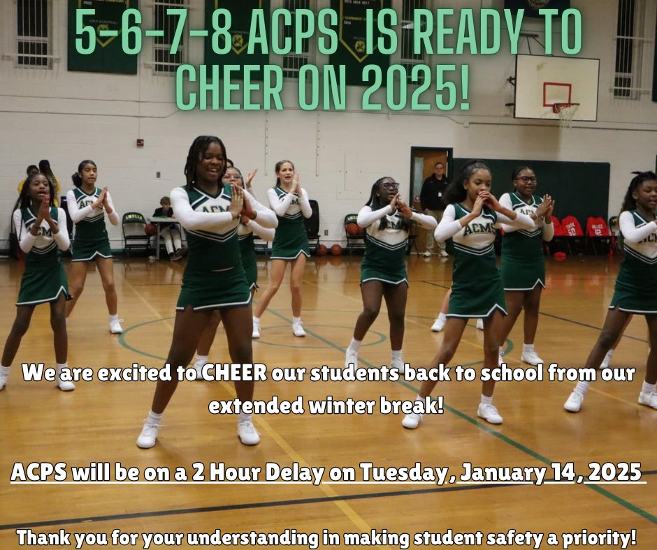 Good evening Team Amelia!  ACPS will operate on a 2-hour delay tomorrow, Tuesday, January 14, 2025. Some bus routes have been modified to address certain road conditions. Families affected by these route changes will receive a separate notification. Have a nice evening!