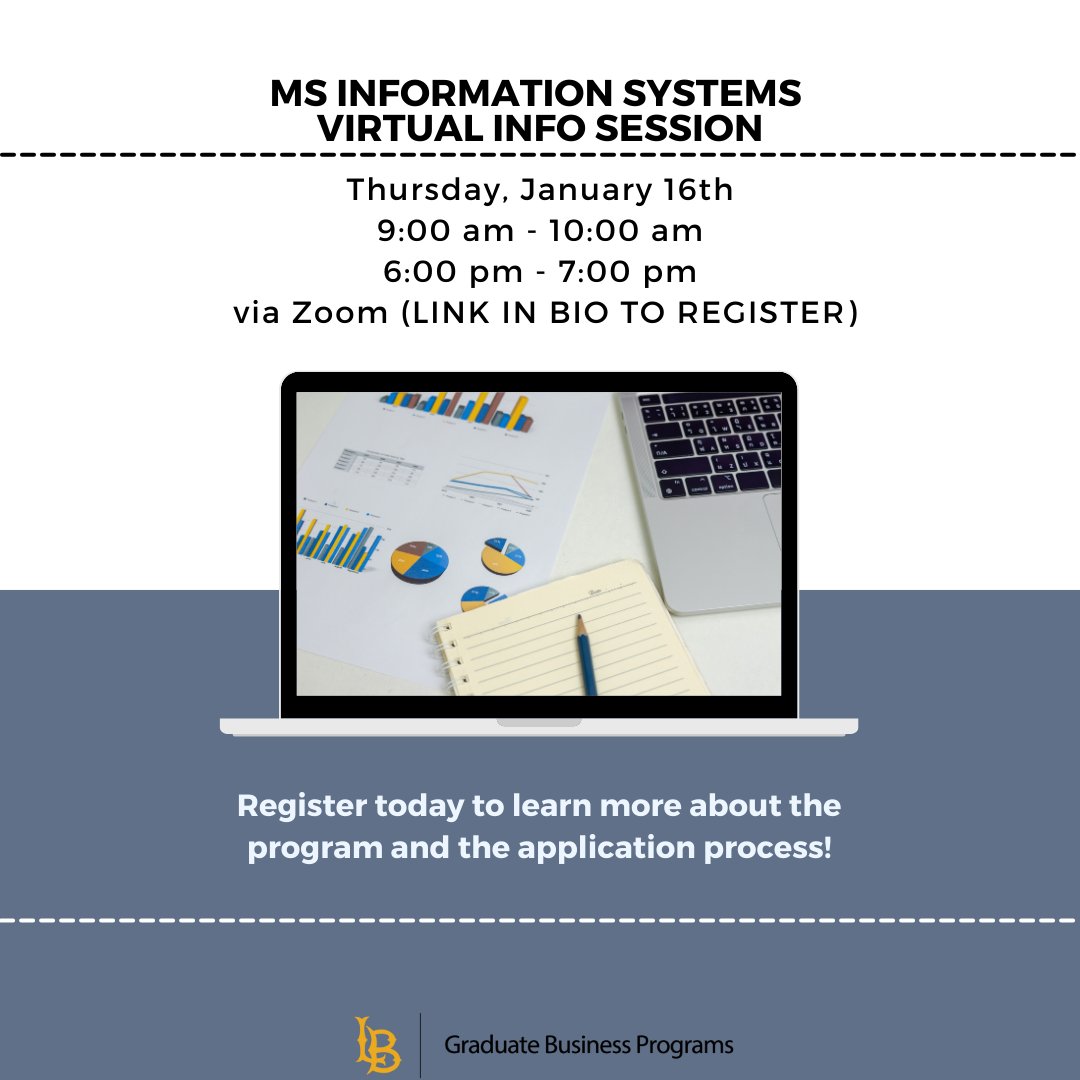 Interested in our MS Information Systems program? Register for our upcoming information sessions on Thursday, Jan. 16th. LINK IN BIO to register.