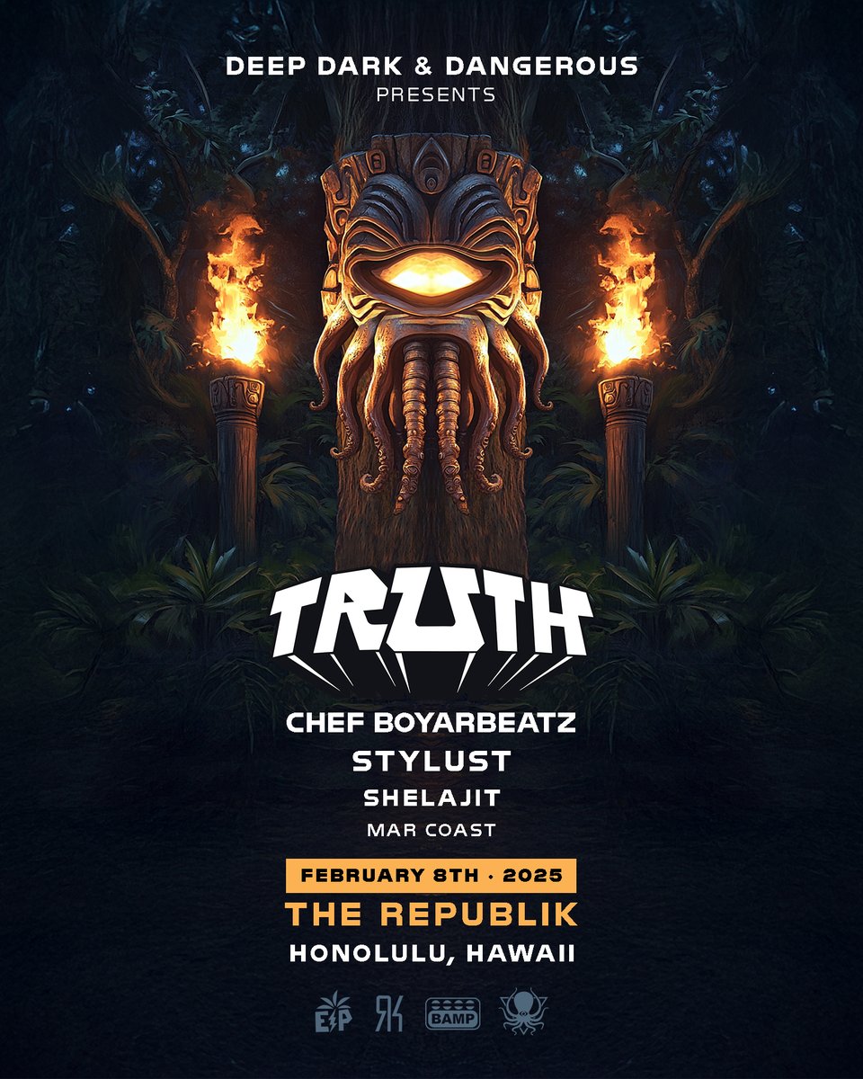 truthdubstep's tweet photo. HONOLULU! Get ready for our very first Deep Dark & Dangerous label showcase in Hawaii at @JoinTheRepublik  on Saturday, February 8th 🐙🌴🔥🌊🙌

TRUTH
Chef Boyarbeatz 
Stylust 
Support from Hawaii locals: Shelajit + Marcoast 

We couldn't be more excited for this one 🔊🔊🔊

#dubstep  #truth #ddd #therepublik #deepdarkdangerous