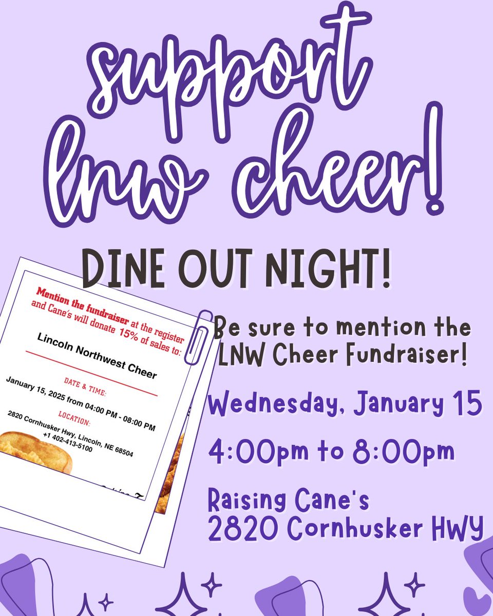 LNWCheer's tweet photo. Support the Lincoln Northwest Cheerleading program on WEDNESDAY by ordering from the Raising Cane's on N. 27th and Cornhusker HWY between 4pm and 8pm. Be sure to mention the fundraiser and / or show them this post! See you there 🍽️✨️📍 https://t.co/T0QfuWFq3W