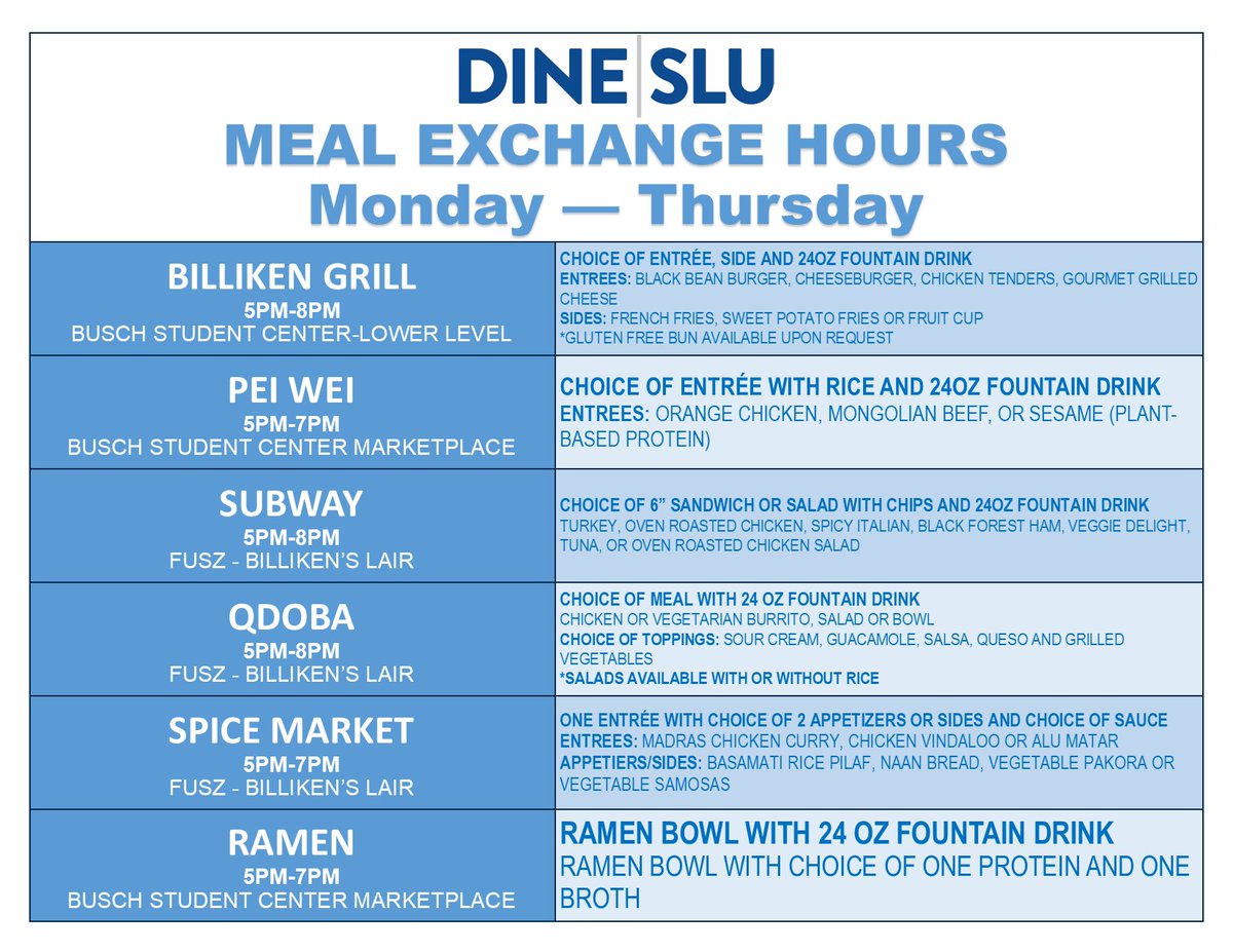 Meal Exchange starts tonight! During select hours, use a meal swipe for dinner at one of our retail locations. Check out the details below!