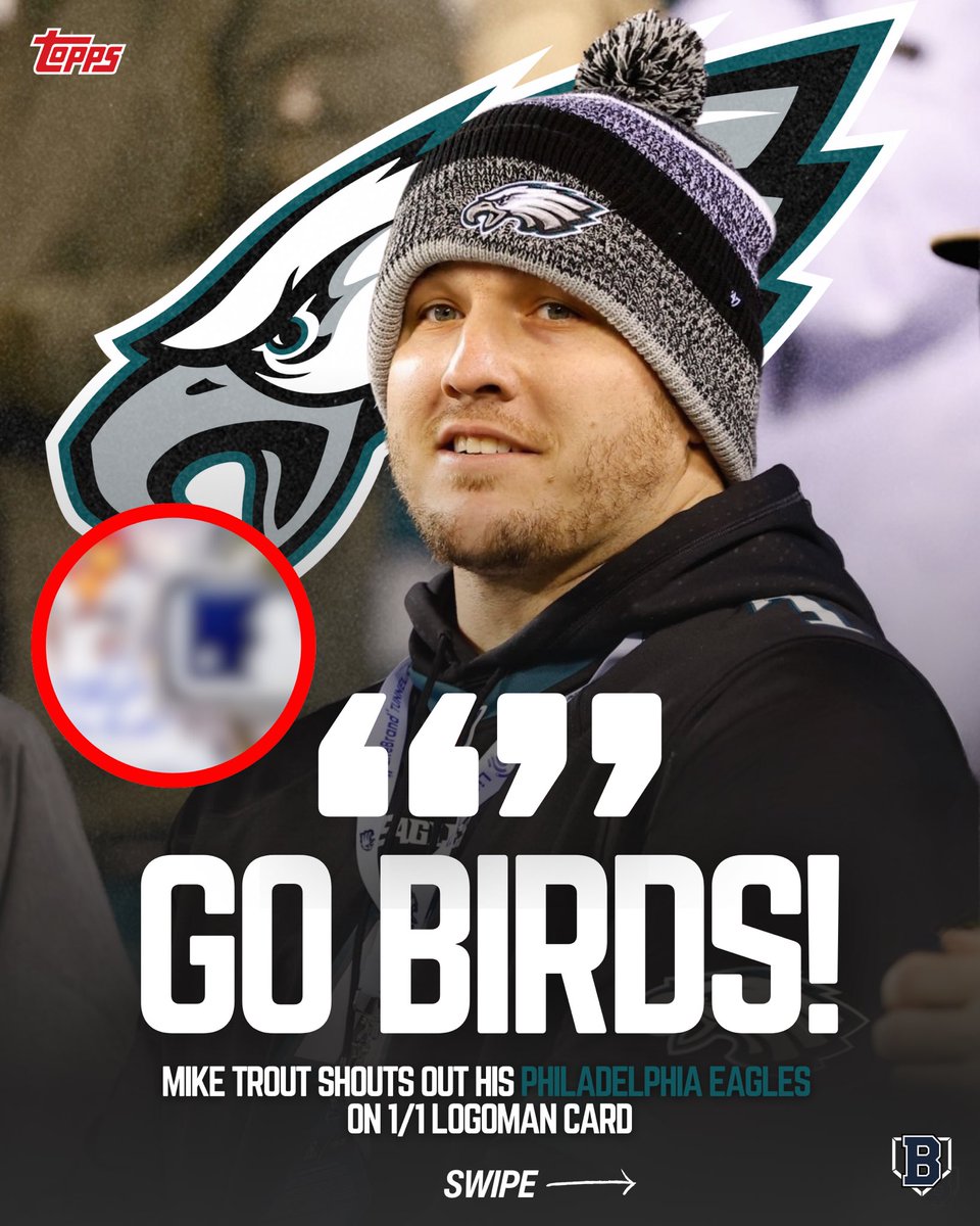 BattersBoxNews's tweet photo. New Jersey native, Los Angeles #Angels 3x American League MVP, Mike Trout, is a diehard Philadelphia #Eagles fan and can be seen most times sitting right next to the field during their home games at the Linc.

The super fan decided to sign his Topps 1/1 Logoman card with the Philadelphia signature greeting:

“Go Birds!”

#MLB