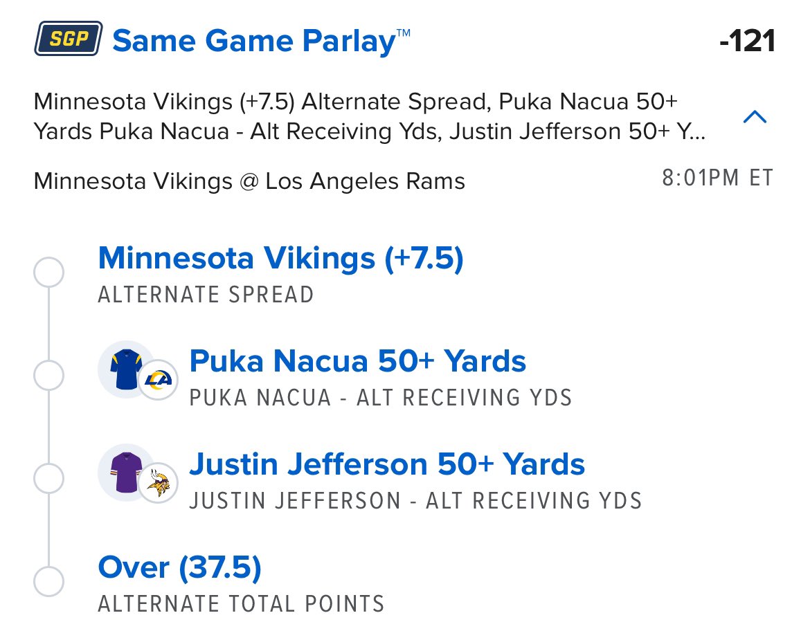 🚨NFL WILDCARD PLAY🚨

 Love this builder so we’re nuking it☢️

-121(4U)
Minnesota Vikings +7.5🔒
Puka Nacua 50+ Rec Yards🔒
Justin Jefferson 50+ Rec Yards🔒
Over 37.5 Total Pts🔒

Let’s goooooo🔮

#sportsbetting #sportsgambling #sportsbets #NFL #bettingX #gamblingX