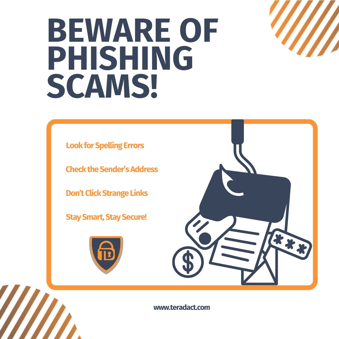 tera_dact's tweet photo. ⚠️ Don’t fall for the bait! Phishing scams are on the rise, but you can stay protected by following these essential tips. 

Your online safety matters. Together, we can outsmart cybercriminals and keep your information safe! 🛡️

https://t.co/o1zlD9PGAS

#CyberSecurity #TeraDact https://t.co/E9qfWUPsfZ