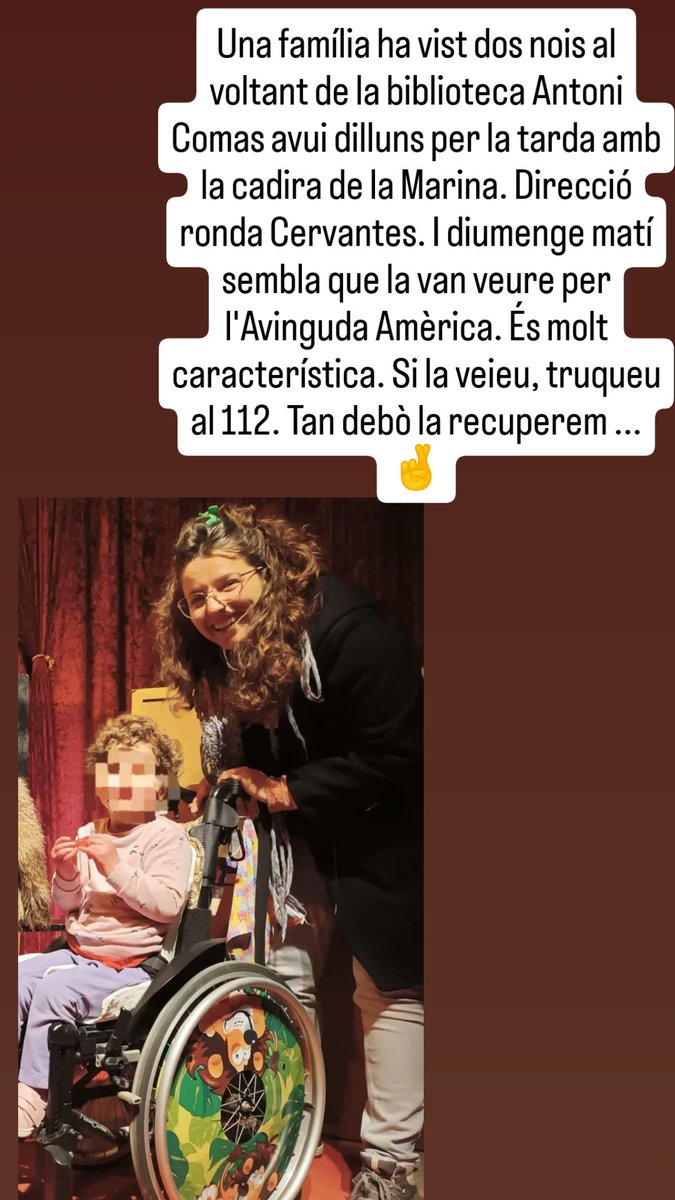 Fer correr l'avís ahir per xarxes ha permès que hi hagi qui ha reconegut la cadira i ens ha pogut avisar. Avui a la tarda han vist dos nois amb la cadira per la zona de la Biblioteca Antoni Comas. Seria fantàstic recuperar-la. DM per twitter o IG @andrea_lissidini