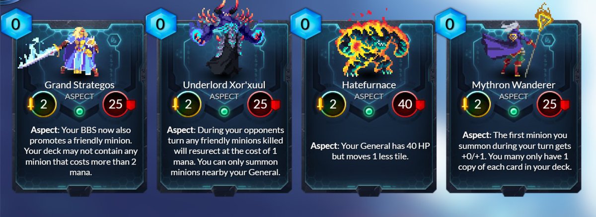 Duelystgg's tweet photo. Reintroduced Trials as "Aspects". Aspects are 0 mana cards that gives their owner permanent advantage and disadvantage. Like trials they are also added to the starting hand as a 6'th card.
#duelyst #duelystGG #gamedev #videogame https://t.co/rMP9Ua4Oii