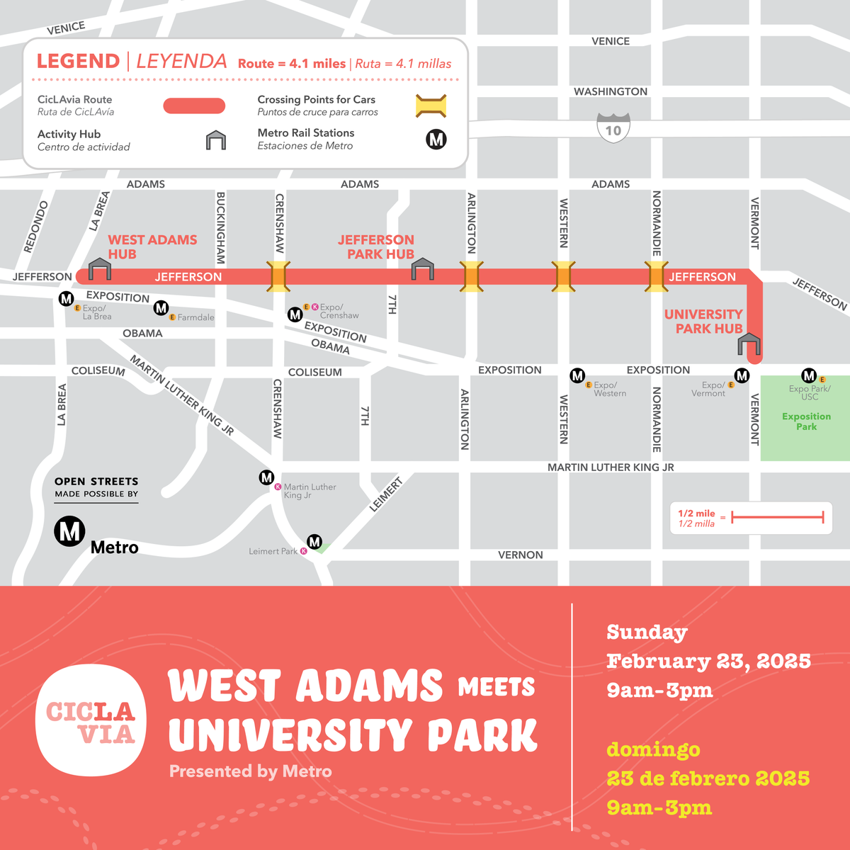 CicLAvia Sundays will continue to support community connections. We’re kicking off this season with a new route on Feb 23
CicLAvia–West Adams meets University Park

🛣️ 4.1 miles 
🗓️ 2/23 
⌚ 9am-3pm 
✋ Volunteer opportunities 
Visit  bit.ly/4gHSuFe

#CicLAvia #2025