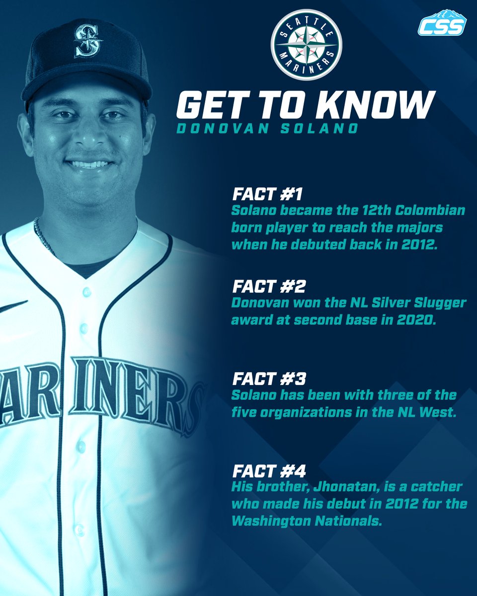 Here are a few quick facts to learn about the newest @Mariners infielder, Donovan  Solano! Photo from the Seattle Mariners press release. #TridentsUp  #SeattleMariners #MLB