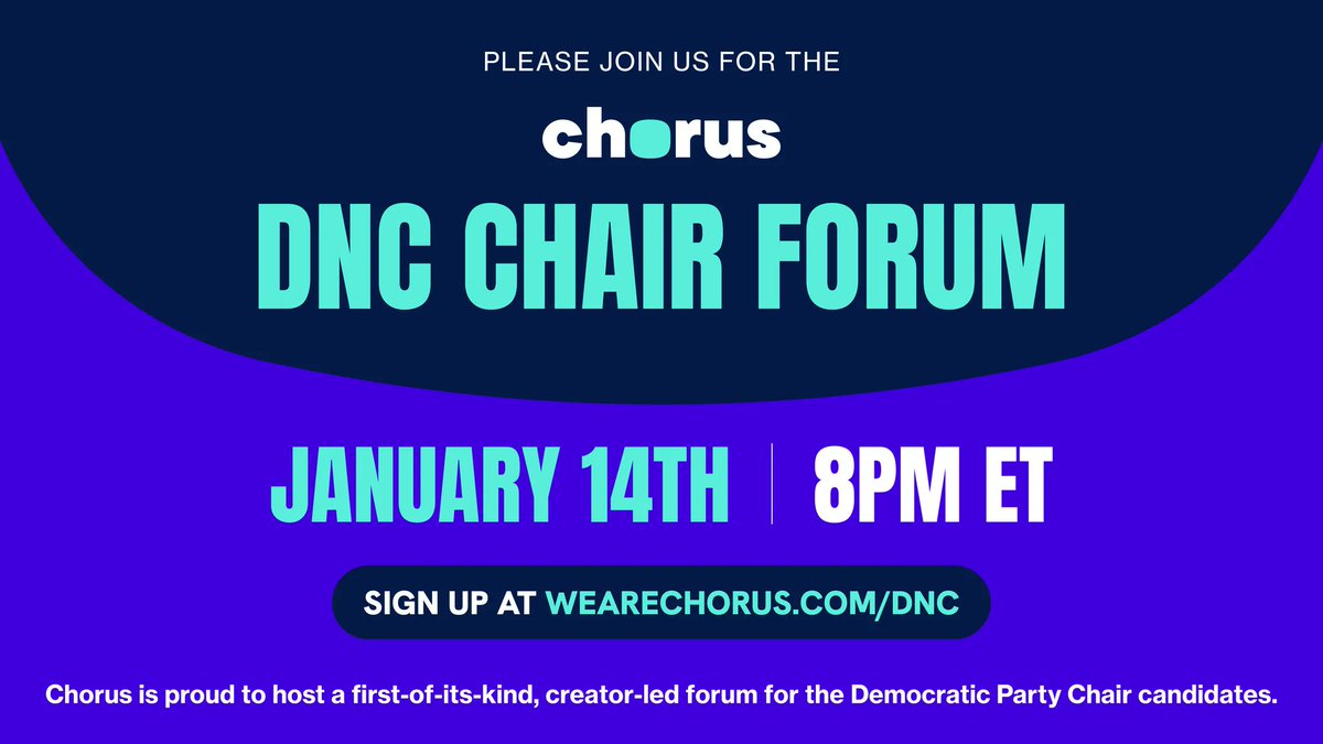 impactual (@impactual) on Twitter photo Proud to support CHORUS’s Virtual DNC Chair Forum tomorrow Tuesday, January 14th at 8PM ET. Sign up at wearechorus.com/dnc
Join hosts <a href="/briantylercohen/">Brian Tyler Cohen</a>, <a href="/booker_squared/">Elizabeth Booker Houston</a> , <a href="/IAmPoliticsGirl/">PoliticsGirl</a>, <a href="/adammocklerr/">Adam Mockler🇺🇸🦅</a>, and <a href="/zackoryk/">Zackory Kirk</a> to hear the directly from the candidates! Proud to support CHORUS’s Virtual DNC Chair Forum tomorrow Tuesday, January 14th at 8PM ET. Sign up at wearechorus.com/dnc
Join hosts <a href="/briantylercohen/">Brian Tyler Cohen</a>, <a href="/booker_squared/">Elizabeth Booker Houston</a> , <a href="/IAmPoliticsGirl/">PoliticsGirl</a>, <a href="/adammocklerr/">Adam Mockler🇺🇸🦅</a>, and <a href="/zackoryk/">Zackory Kirk</a> to hear the directly from the candidates!