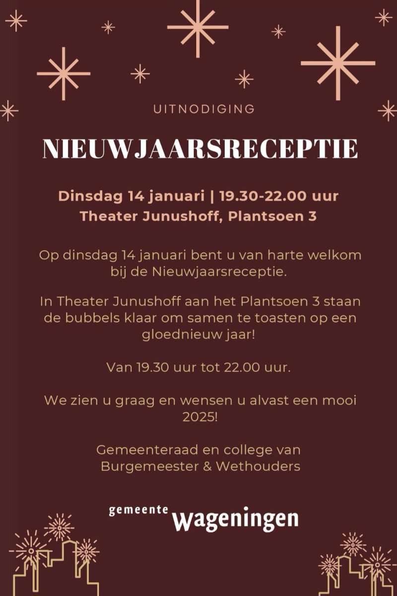 Morgen vanaf 19.30 de traditionele Nieuwjaarsreceptie van de gemeente Wageningen in Theater Junushoff. 

Meer info: wageningen.nl/activiteit/nie…