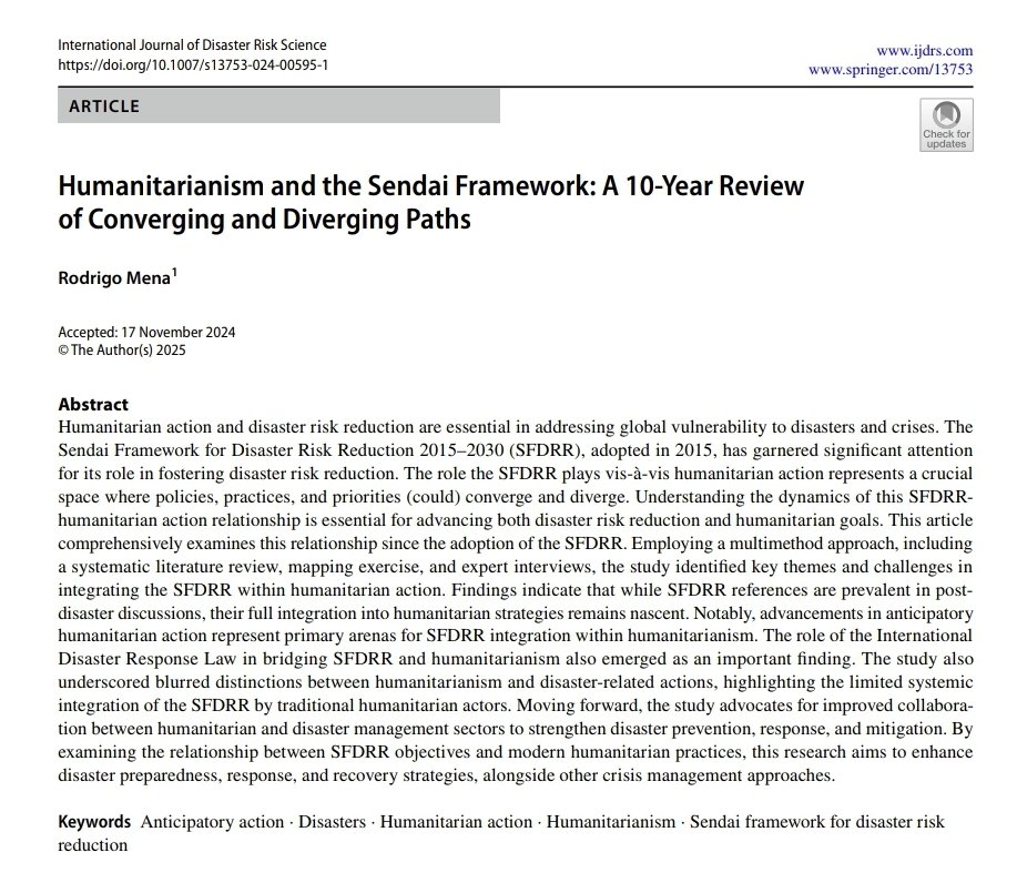 Rodrigo (Rod) Mena (@rodmenaf) on Twitter photo 📢 New publication "Humanitarianism and the Sendai Framework: A 10-Year Review of converging and diverging paths"
👉 doi.org/10.1007/s13753…
Open access in IJDRR for the special issue SFDRR+10 organized by <a href="/IlanKelman/">Ilan Kelman</a>
#DRR #humanitarian #SendaiFramework #disaster <a href="/issnl/">ISS, The Hague</a> <a href="/HSC_ISS/">The Hague Humanitarian Studies Centre</a> 📢 New publication "Humanitarianism and the Sendai Framework: A 10-Year Review of converging and diverging paths"
👉 doi.org/10.1007/s13753…
Open access in IJDRR for the special issue SFDRR+10 organized by <a href="/IlanKelman/">Ilan Kelman</a>
#DRR #humanitarian #SendaiFramework #disaster <a href="/issnl/">ISS, The Hague</a> <a href="/HSC_ISS/">The Hague Humanitarian Studies Centre</a>