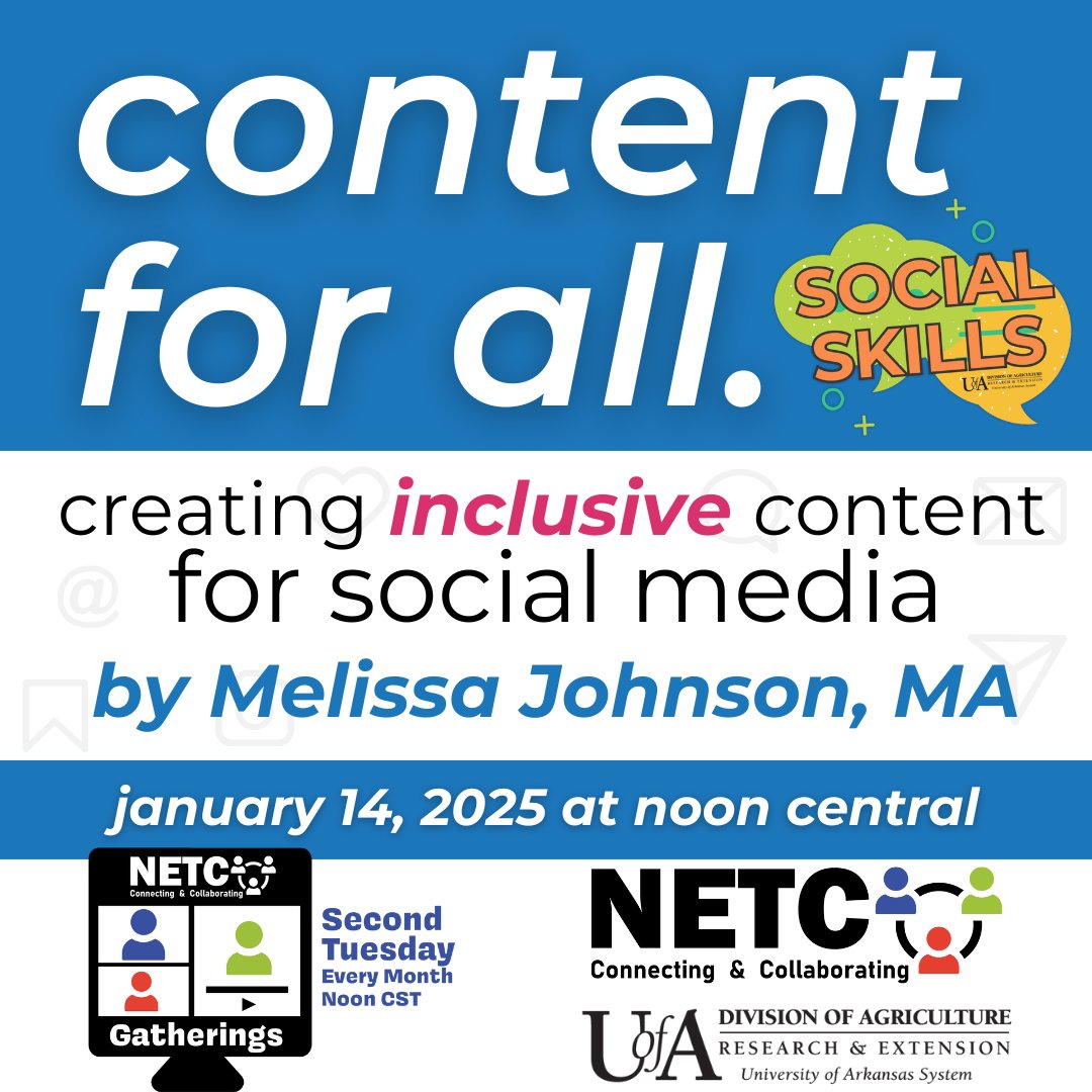 Today's the day, folks! 🤩 Join Melissa from Arkansas Extension as she helps upgrade your social a11y skills—DON'T MISS IT! 😎 netctech.org/register #NETCGatherings