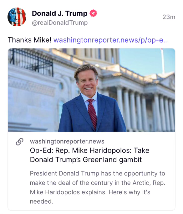 MatthewFoldi's tweet photo. NEW:
@realDonaldTrump shares another @DC_Reporter piece, this time it's an op-ed from #FL08's @MikeHaridopolos about why Trump is right about Greenland
Read it for yourself here
https://t.co/q0kFwwkxnC https://t.co/L7rRRArTAG