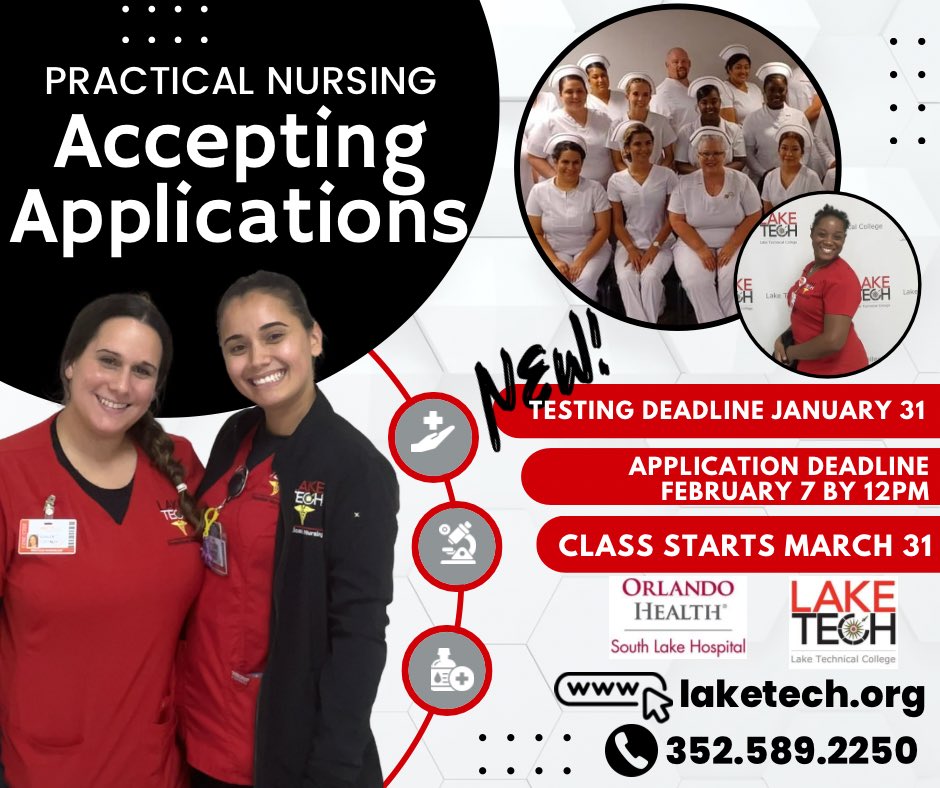 LakeTechCollege's tweet photo. Are you considering a career as a licensed practical nurse? Our full-time Clermont class, located on the South Lake Hospital campus, is now accepting applications. Take the initial step towards a fulfilling career in healthcare and apply now. #fltechnicalcolleges #careerinayear https://t.co/C0DqBOLSIo
