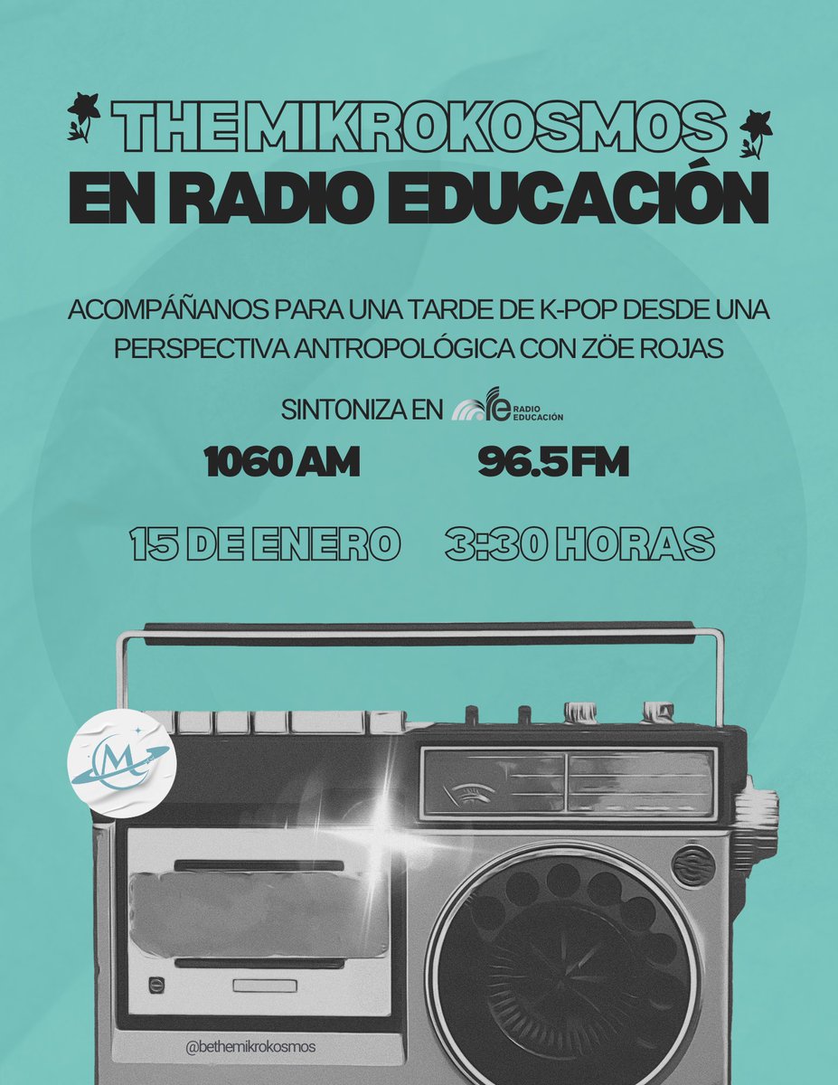 Recompartimos este anuncio especial para ustedes💜✨️

¡The Mikrokosmos presente en <a href="/RadioEducacion/">Radio Educación</a>!

Acompáñanos para una tarde de K-pop desde una perspectiva antropológica con Zöe Rojas.

Por la señal de radio 1060 AM, 96.5 FM, o a través de internet en radioeducacion.edu.mx