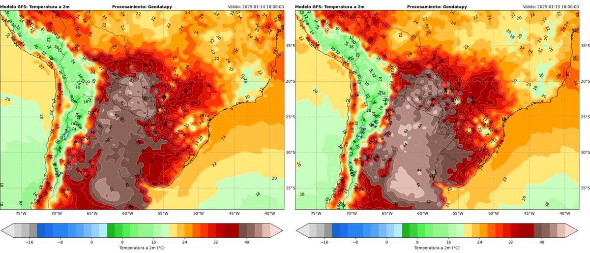 geodatapy's tweet photo. 🔥 Ola de calor extrema afecta Sudamérica
44°C en Paraguay, noreste de Argentina y sur de Brasil.
Impacto en agricultura: estrés térmico en cultivos, reducción de rendimiento.
Crisis hídrica, Riesgo a la salud: golpe de calor, deshidratación e Incendios forestales. #OlaDeCalor https://t.co/7gwEFTHkYo