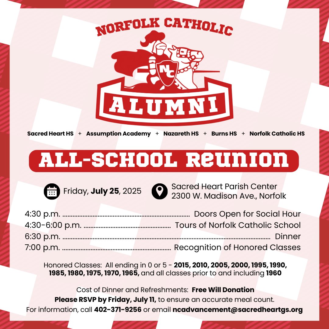🚨 One month until our <a href="/NorfolkCatholic/">Norfolk Catholic School</a> Alumni Basketball Tournament! 🚨

Mark your calendars for:
🏀 Alumni Basketball on March 21-22
🤝 Alumni Reunion on July 25 (NC Booster Club golf is July 26)

norfolkcatholic.org/alumni-items/2…