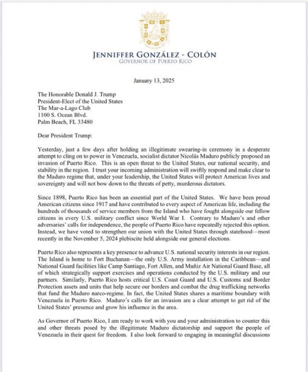 UHN_Plus's tweet photo. 🇻🇪🇺🇸🇵🇷 | URGENTE

La nueva gobernadora de Puerto Rico, Jenniffer González, envió una carta al presidente electo Donald Trump solicitando acciones contra Nicolás Maduro, tras sus recientes amenazas de invadir e infiltrar la isla. https://t.co/Wqu2IXE8YD
