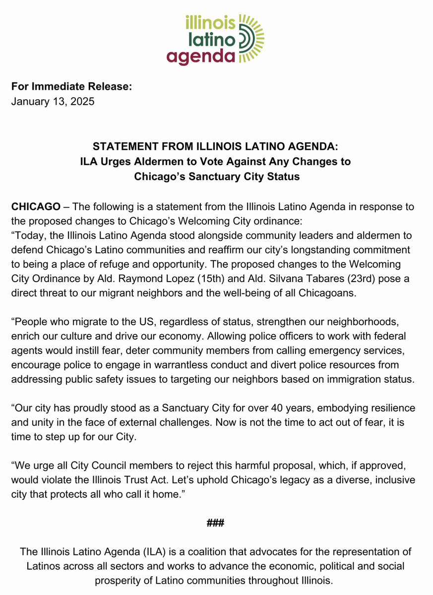 Illinois Latino Agenda calls on City Council to reject changes to the Welcoming City Ordinance and protect Chicago’s migrant communities.