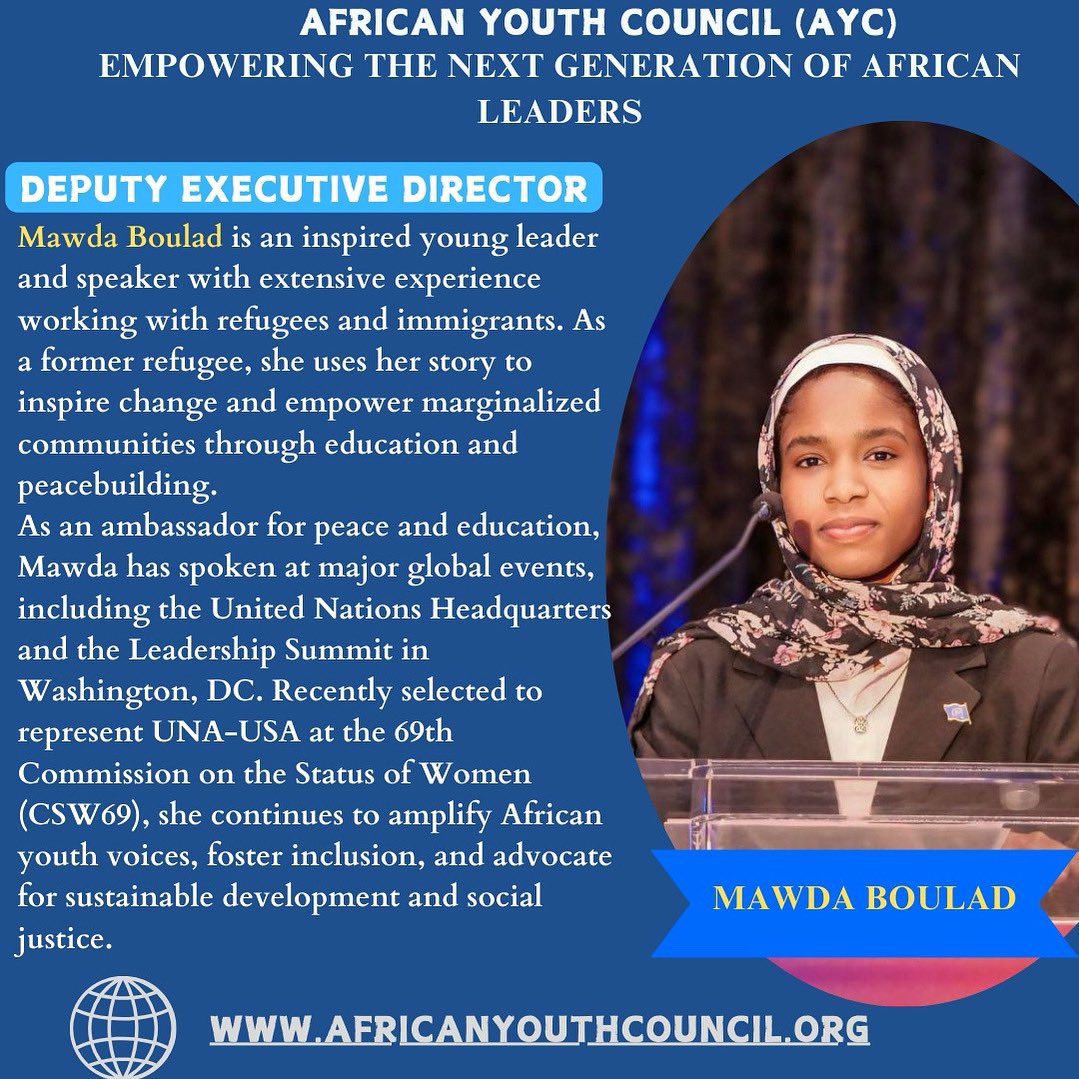 africanayc's tweet photo. 🌟 Meet Mawda Boulad 🌟
Position: Deputy Executive Director

Mawda Boulad is an inspired young leader with extensive experience working with refugees and immigrants. As a former refugee herself, she uses her story to empower marginalized communities through education https://t.co/DRKQPl9hnr
