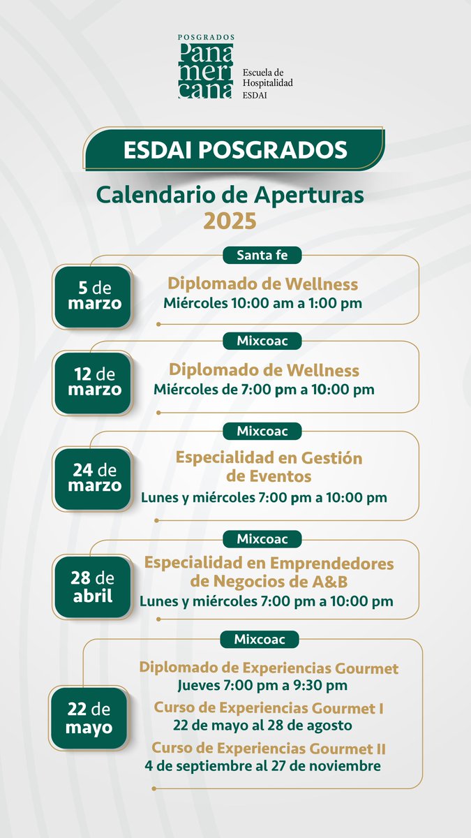 ¡Conoce el calendario de aperturas de Posgrados ESDAI 2025! 
Prepárate para nuevas oportunidades académicas que impulsarán tu carrera en el sector de la hospitalidad. 
Solicita más información: WhatsApp +52 55 5704 0898 o envía un correo a diego.espinosa@up.edu.mx
