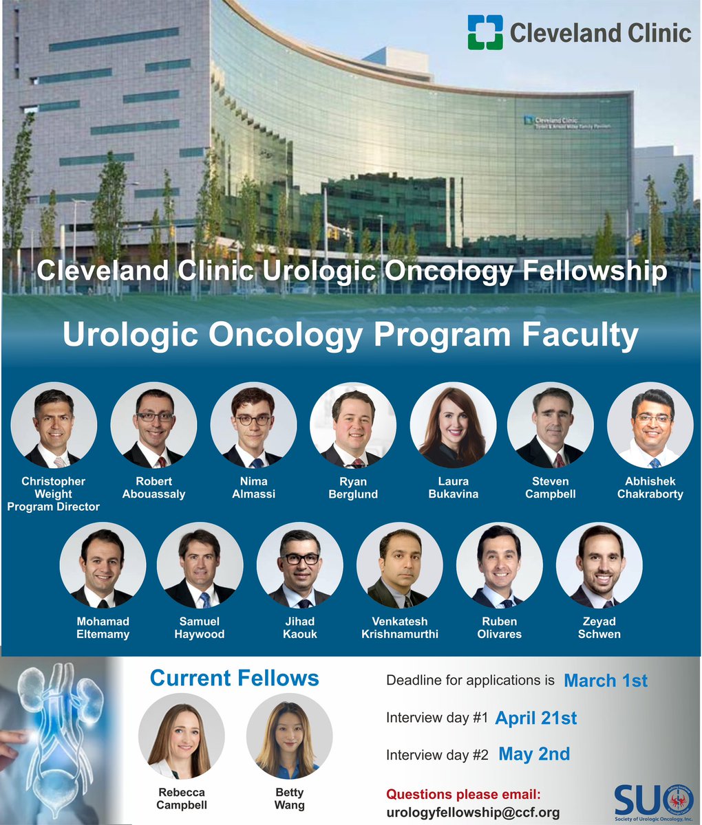 Chris Weight (@cjweight) on Twitter photo We’re accepting applications for the <a href="/CleClinicUro/">Cleveland Clinic Urology</a> <a href="/UroOnc/">Society of Urologic Oncology</a> fellowship program! 🔥
Our goal is to train future Uro Onc leaders!
App Deadline Mar 1st
<a href="/samhaywoodmd/">Sam Haywood</a> <a href="/RubenOlivaresG/">Ruben Olivares MD</a> <a href="/LauraBukavinaMD/">Laura Bukavina</a> @NimaAlmassi <a href="/ZSchwen/">Zeyad Schwen MD</a> <a href="/rabouassalymd/">Robert Abouassaly,MD</a> <a href="/moeltemamy/">Mohamed Eltemamy</a> <a href="/drjkaouk/">Dr. J. Kaouk</a> We’re accepting applications for the <a href="/CleClinicUro/">Cleveland Clinic Urology</a> <a href="/UroOnc/">Society of Urologic Oncology</a> fellowship program! 🔥
Our goal is to train future Uro Onc leaders!
App Deadline Mar 1st
<a href="/samhaywoodmd/">Sam Haywood</a> <a href="/RubenOlivaresG/">Ruben Olivares MD</a> <a href="/LauraBukavinaMD/">Laura Bukavina</a> @NimaAlmassi <a href="/ZSchwen/">Zeyad Schwen MD</a> <a href="/rabouassalymd/">Robert Abouassaly,MD</a> <a href="/moeltemamy/">Mohamed Eltemamy</a> <a href="/drjkaouk/">Dr. J. Kaouk</a>