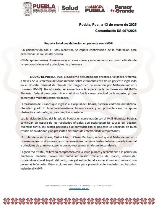 C13Guadalajara's tweet photo. #Noti13 ⚫ Confirma la @SaludGobPue el fallecimiento de un paciente de 53 años que ingresó al Hospital de Cholula por infección de Metapneumovirus (#HMVP). Padecía obesidad, hipercolesterolemia e hiperuricemia, lo que habría complicado su recuperación.
@dulcefer12 https://t.co/qTetzkfUy0