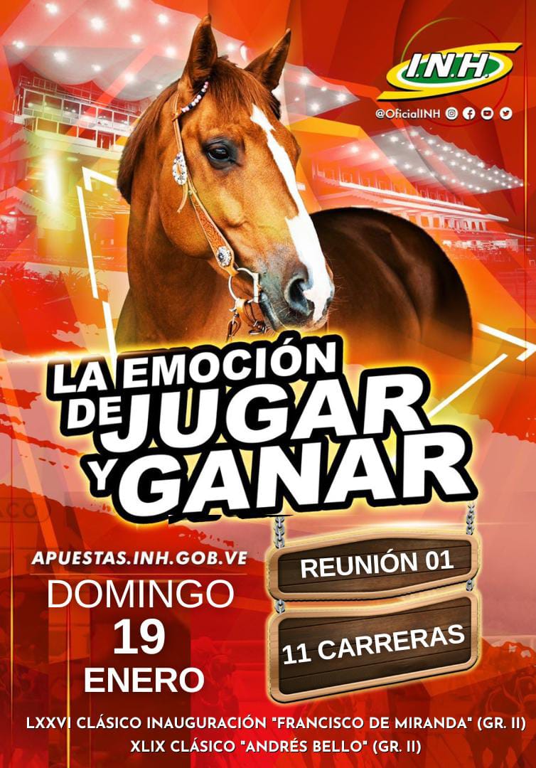 #ProgramaciónINH 📋| Este DOM. 19 de enero disfrutaremos de 11 emocionantes carreras 🏇en la R01, entre ellas: 

🏆 LXXVI Clásico Inauguración "Francisco de Miranda" (Gr. II)

🏆 XLIX Clásico "Andrés Bello" (Gr. II)

Chequea los inscritos aquí ➡️ files.fm/u/nmr2wzqpt2

#Hipismo