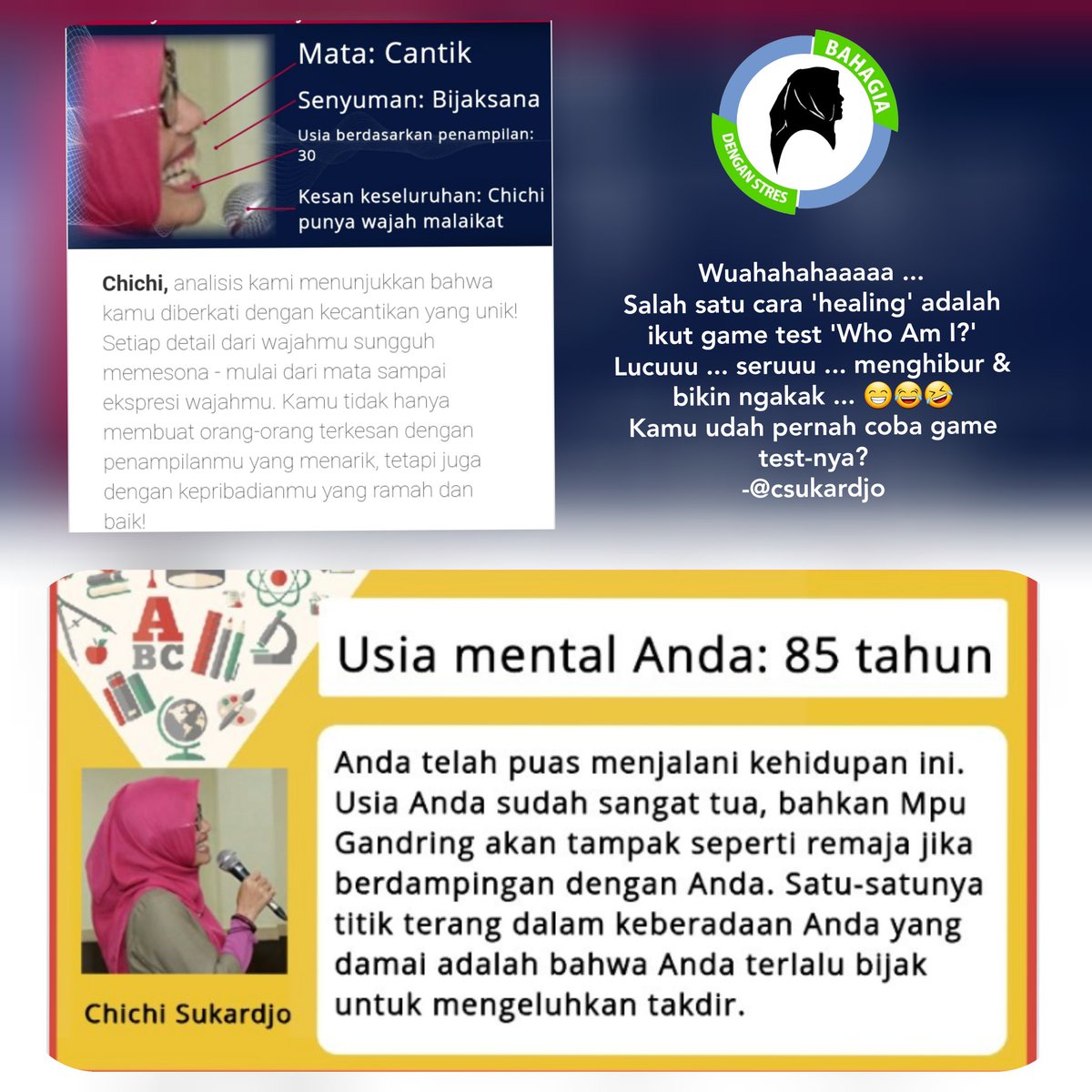 csukardjo's tweet photo. Hola❣
Semangat pageee ... 💪
Kamu pernah ikutan quiz/test pseudopsikologi kayak gini? Seruu yaaa ... spill doongg ... 😁 https://t.co/ew43LAHSIR
