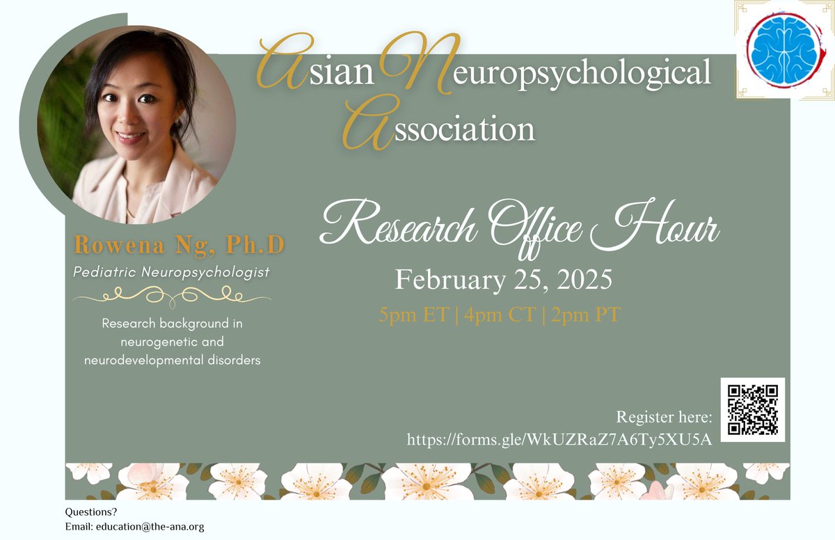 AsianNeuropsych's tweet photo. The ANA Education and Research Committees are excited to invite you to our February office hour featuring Rowena Ng, Ph.D.! Dr. Ng's extensive research background is in neurogenetic and neurodevelopmental disorders. https://t.co/UOTaWCGqIm