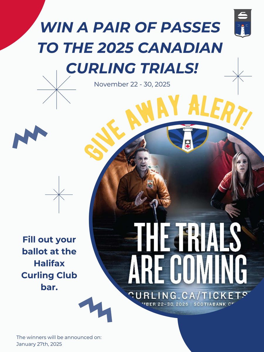 Canadian Curling Trials GIVEAWAY ALERT! 
Watch curling and win!
We're giving away; a pair of event passes, a pair of opening weekend passes or a pair of single draw tickets!
Attend a game of the Women's &amp; Men's Provincials <a href="/HalifaxCurl/">Halifax Curling Club</a> and fill out a ballot to win!