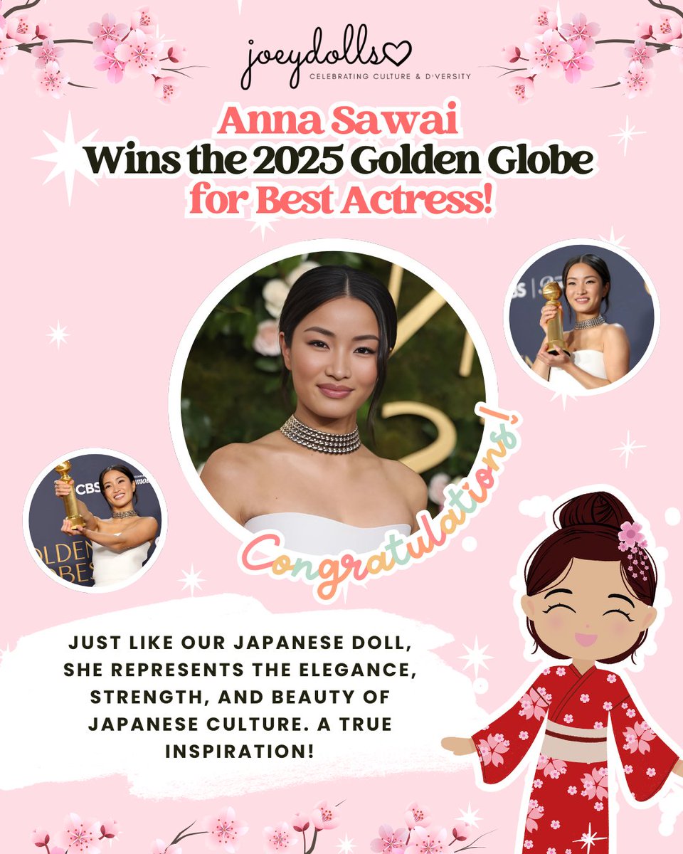 Big congratulations to Anna Sawai for winning Best Actress at the 2025 Golden Globes! 🌟 Like our Japanese doll, she embodies elegance, strength &amp; beauty of Japanese culture. A true inspo! #AnnaSawai #GoldenGlobes #BestActress #Joeydolls #RepresentationMatters #CulturalPride