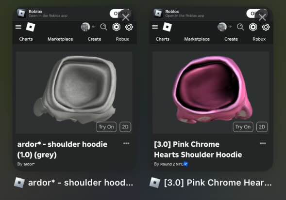 ardor_co's tweet image. A major Roblox creator with nearly 500k followers has stolen my designs and ghosted me after promising to resolve it. For a small brand like ardor*, originality is everything, and it’s frustrating to have our work exploited.