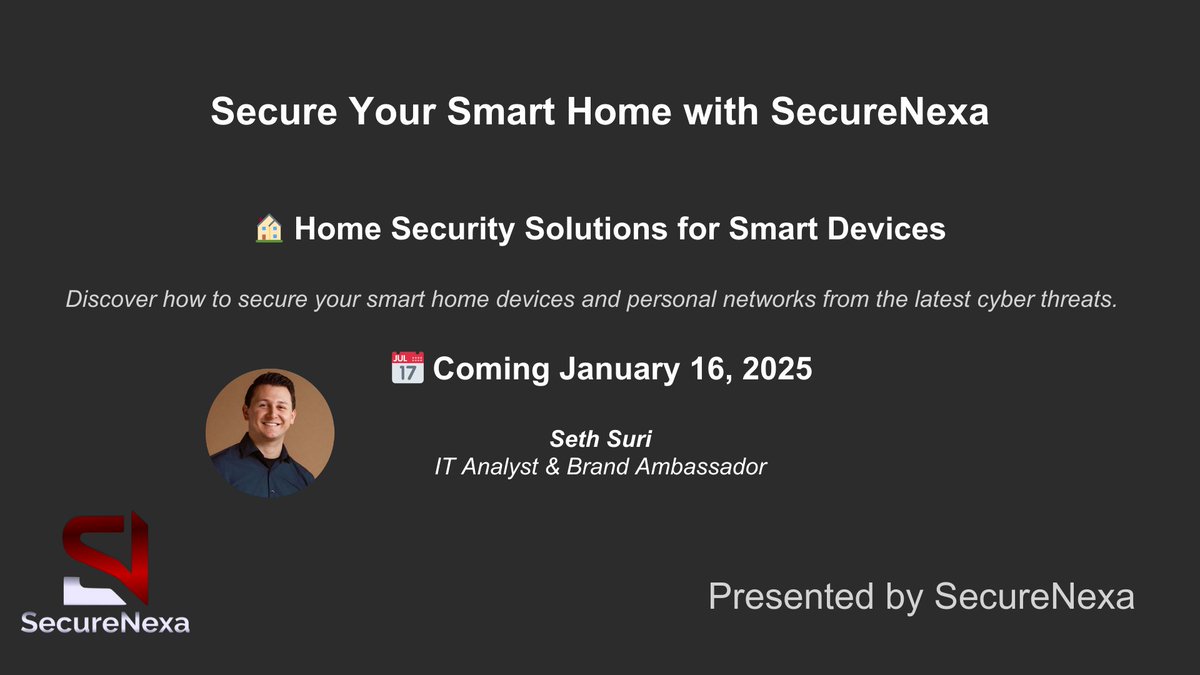 SecureNexa's tweet photo. 🚨 Join Our Exclusive Webinar! 🚨
🏠 Protect Your Smart Home with @SecureNexa’s Cybersecurity Solutions! https://t.co/5ESkG74dAA